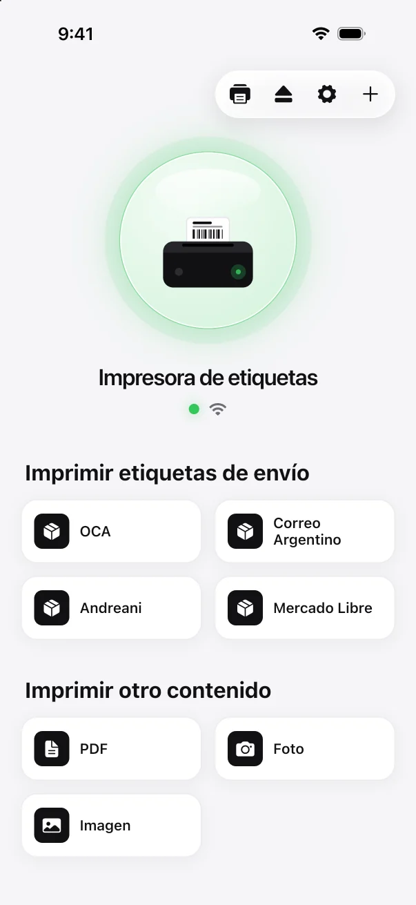 La pantalla principal de NV Print, con los botones de OCA, Correo Argentino, Andreani y Mercado Libre.